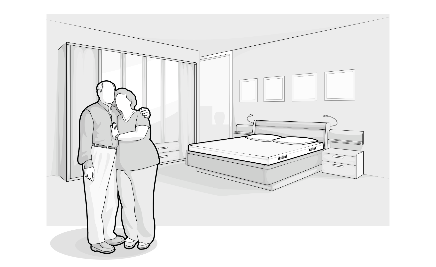 Illustration: Zwei ältere Personen stehen in einem Schlafzimmer mit Doppelbett samt BODYGUARD® Matratze und halten einander im Arm.