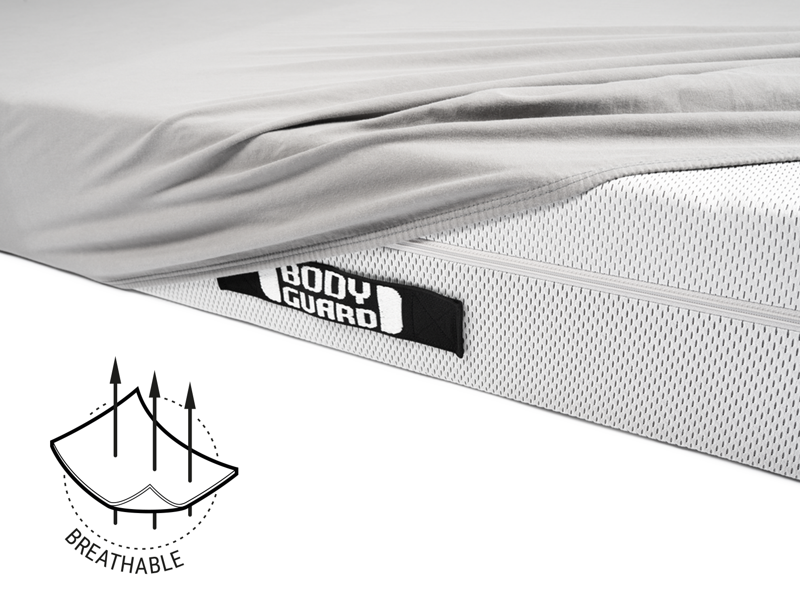  Half of the BODYGUARD® mattress is covered with the jersey fitted sheet in silver. Illustration of the fabric with three arrows running through it. Text: breathable	