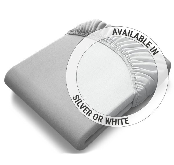 The folded BODYGUARD® jersey fitted sheet in silver: Zoom on the sheet in the white colour version; Text Available in silver or white