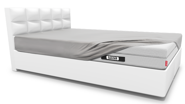 Abbildung: Weißes Bett mit BODYGUARD Matratze und BODYGUARD Jersey-Spannbettlaken 200x220 in Silber.