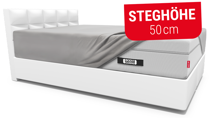 Die BODYGUARD Boxspring Matratze liegt auf einem Boxspringbett und ist bezogen mit dem extra hohen Spannbettlaken 200x200 cm. Button mit Text: Steghöhe 28 cm.