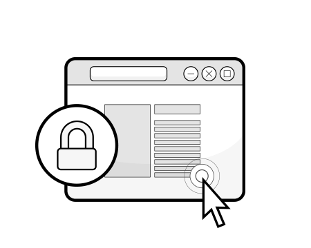  Illustration: a browser window with a mouse arrow pointing to it and a round symbol with a padlock in front of it.