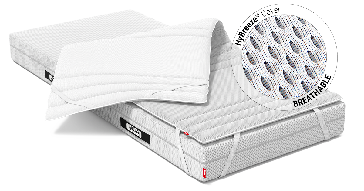 BODYGUARD mattress with topper. Zoom on HyBreeze functional cover. Text: breathable