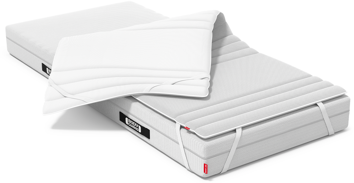 BODYGUARD Anti-Kartell-Matratze mit halb umgeklappten BODYGUARD Topper, sodass die Oberseite mit HyBreeze Funktionsbezug und die Unterseite aus BaumwollSleep zu sehen sind.