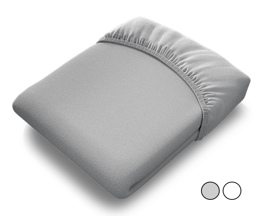  The BODYGUARD® children's fitted sheet stretched over the BODYGUARD® children's mattress in a cot. Zoom on the sheet in the white colour version. Text: Available in silver or white	