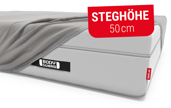 BODYGUARD Boxspring Matratze, halb bedeckt mit BODYGUARD Spannbettlaken extra hoch. Text: Steghöhe 50 cm