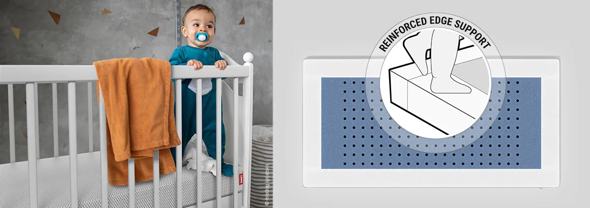 Two-part picture: baby in crib on the left, with the BODYGUARD children's mattress inside. Graphic on the right: two children's feet are standing on the reinforced edge of the BODYGUARD children's mattress. Text: Reinforced edge support