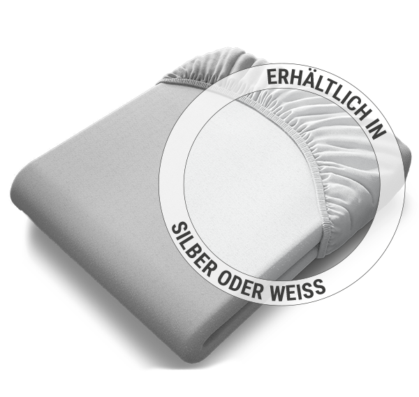 Das zusammengelegte BODYGUARD® Jersey-Spannbettlaken in Silber: Zoom auf das Laken in der weißen Farbvariante; Text Erhältlich in Silber oder Weiß