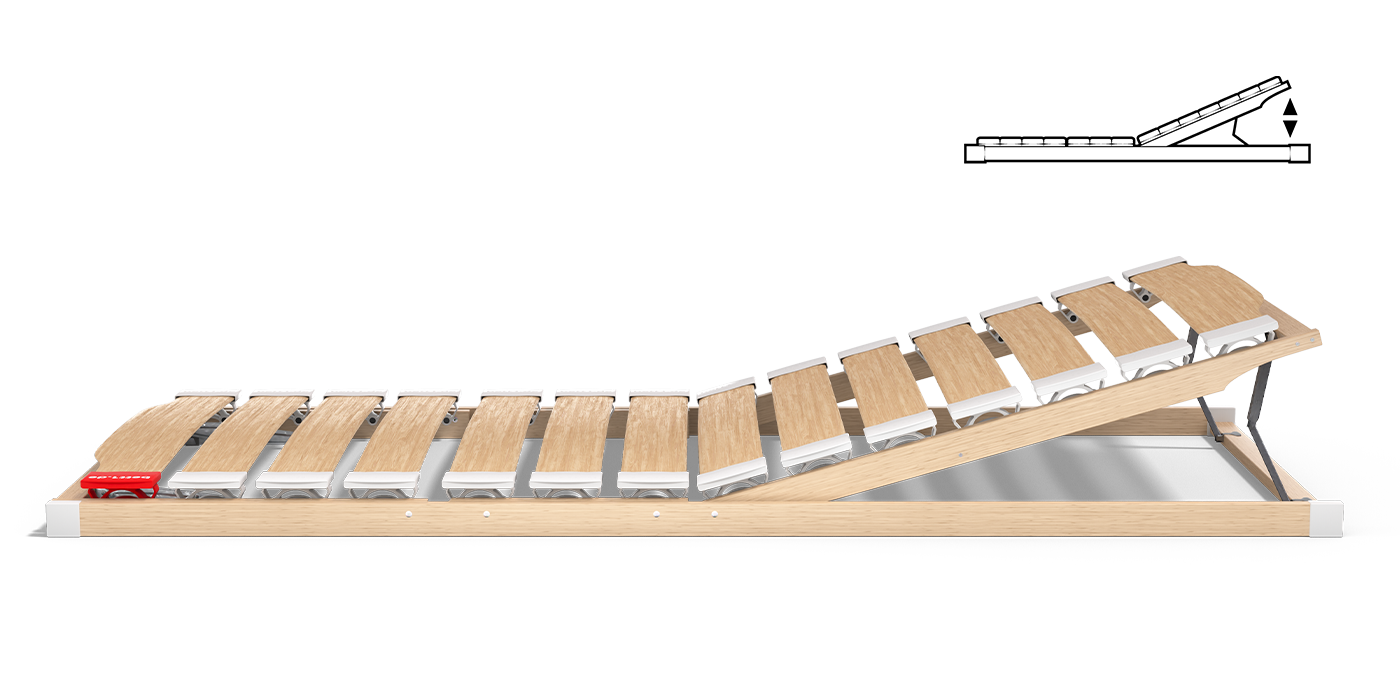 The BODYGUARD® slatted frame with raised foot section: next to it is an illustration of the slatted frame from the side - the foot section is raised