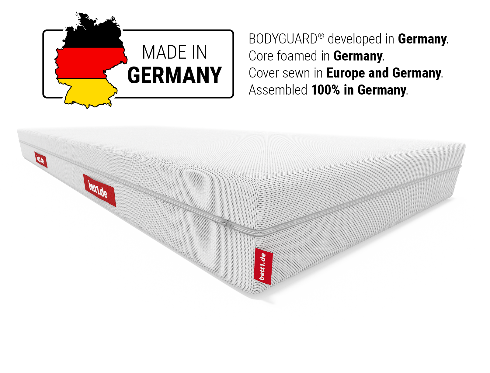 BODYGUARD® anti-cartel mattress Soft: Map of Germany: Made in Germany: BODYGUARD® developed in Germany. Core foamed in Germany. Cover sewn in Europe and Germany. Manufactured 100% in Germany	