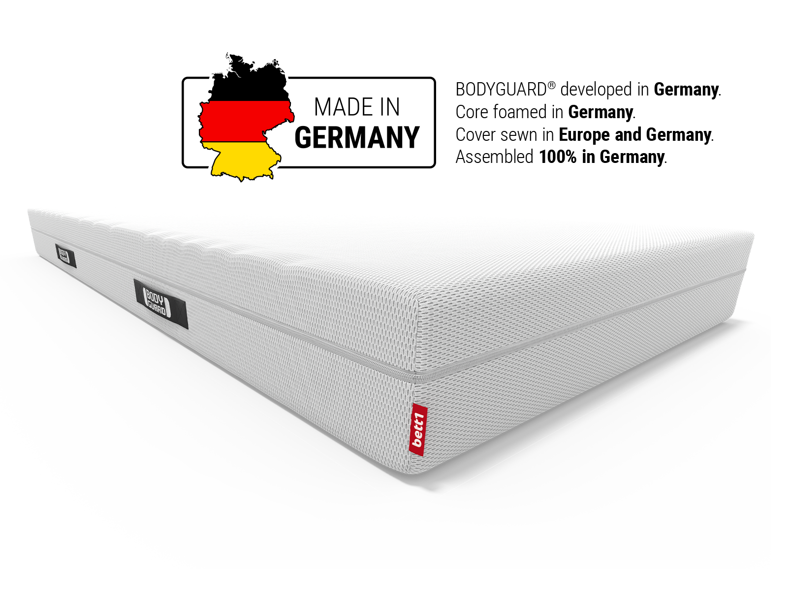BODYGUARD® anti-cartel mattress Soft: Map of Germany: Made in Germany: BODYGUARD® developed in Germany. Core foamed in Germany. Cover sewn in Europe and Germany. Manufactured 100% in Germany	