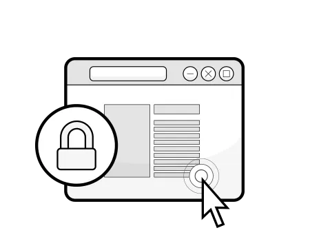  Illustration: ein Browserfenster, auf das ein Mauspfeil zeigt, und ein rundes Symbol mit einem Hängeschloss davor.