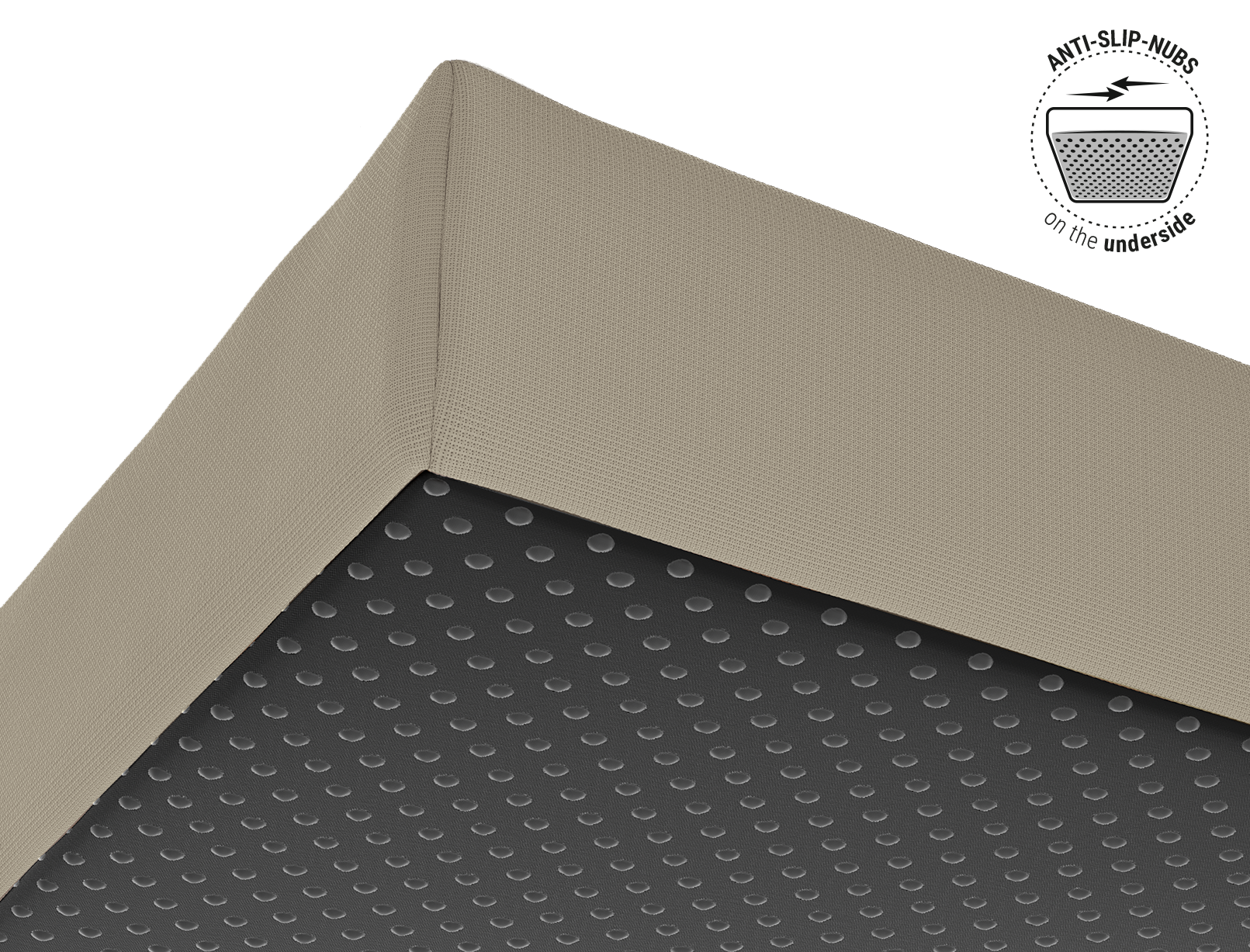 Zoom in on the anti-slip nubs on the underside of the RAINGUARD Seat Cushion. Text: Anti-slip nubs on the underside