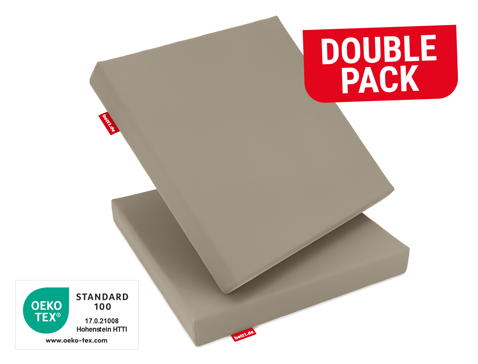 Two RAINGUARD Seat Cushions, one upright, one lying down. Text: Double pack. Seal: Oeko-Tex