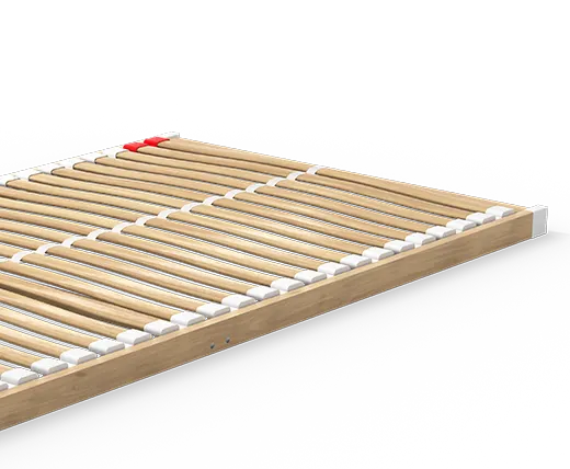 Der BODYGUARD® Lattenrost Starr. Ein rundes Feld mit der Illustration eines Holzstückes und dem Text: 100% echtes Buchenholz, 28 Federleisten, strapazierfähig und langlebig	