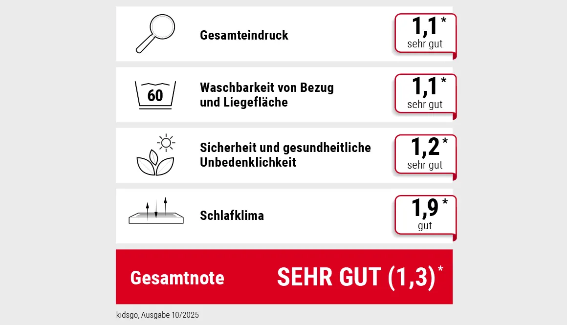 Tabelle zur Aufschlüsselung der Bewertung im Kindermatratze-Test des Familienmagazins kidsgo.