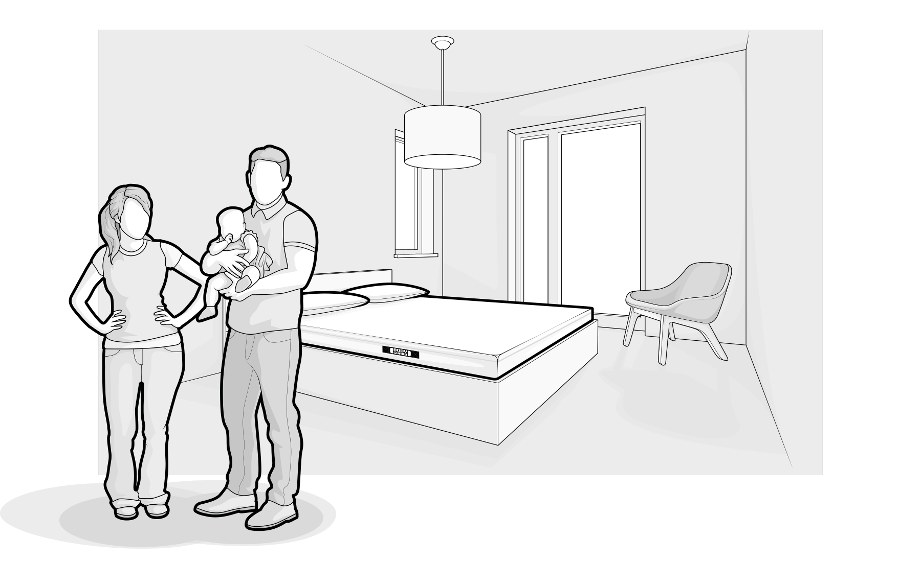 Illustration: Two young-looking adults stand in a bedroom with a double bed and BODYGUARD® mattress; one person holds a baby in their arms.