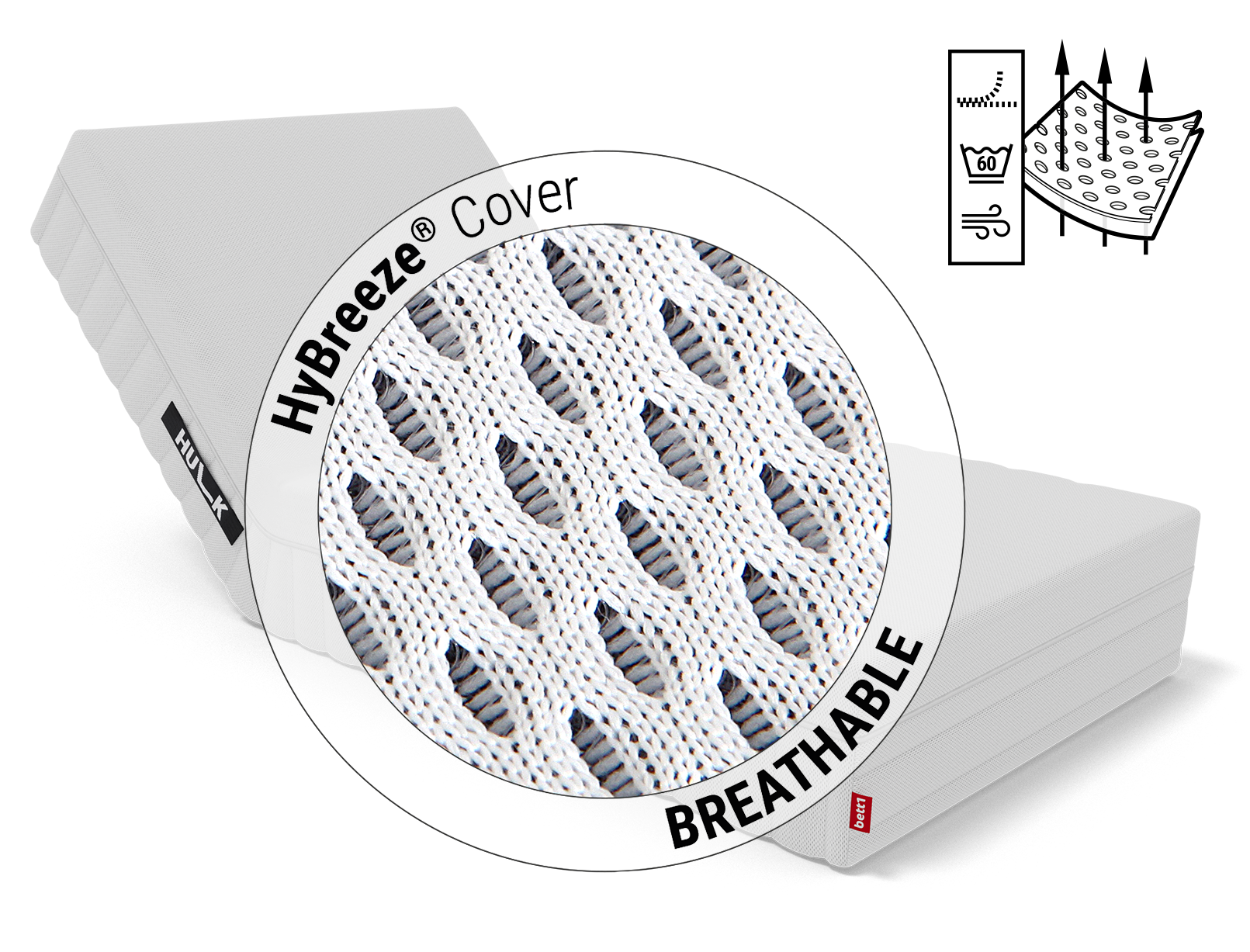 The angled HULK: Zoom on mattress cover. Text: HyBreeze® functional cover/breathable. Illustration: Arrows penetrate through the pores of a piece of fabric