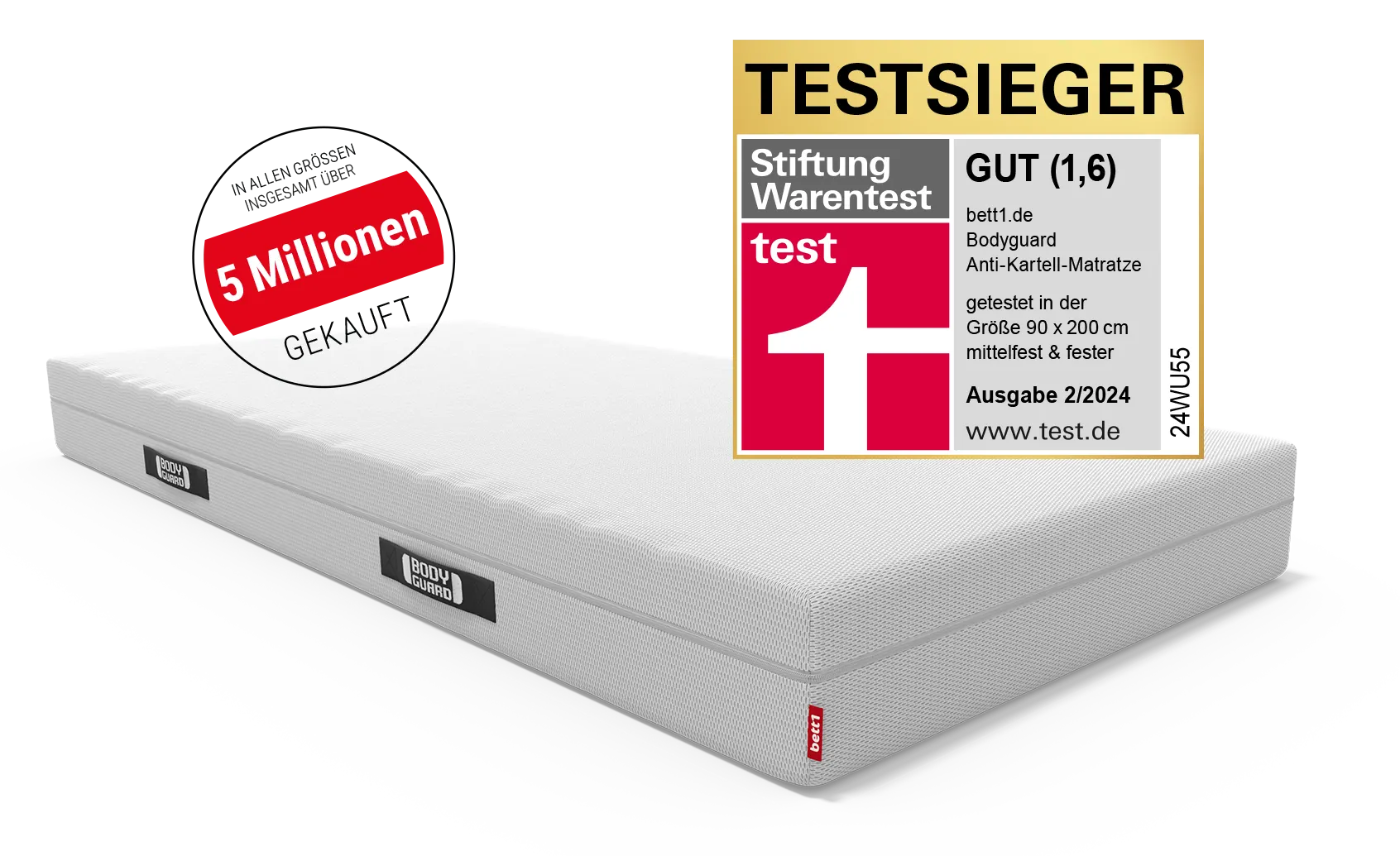 BODYGUARD® Anti-Kartell-Matratze. Text: in allen Größen insgesamt über 5 Mio. gekauft. Siegel Stiftung Warentest.