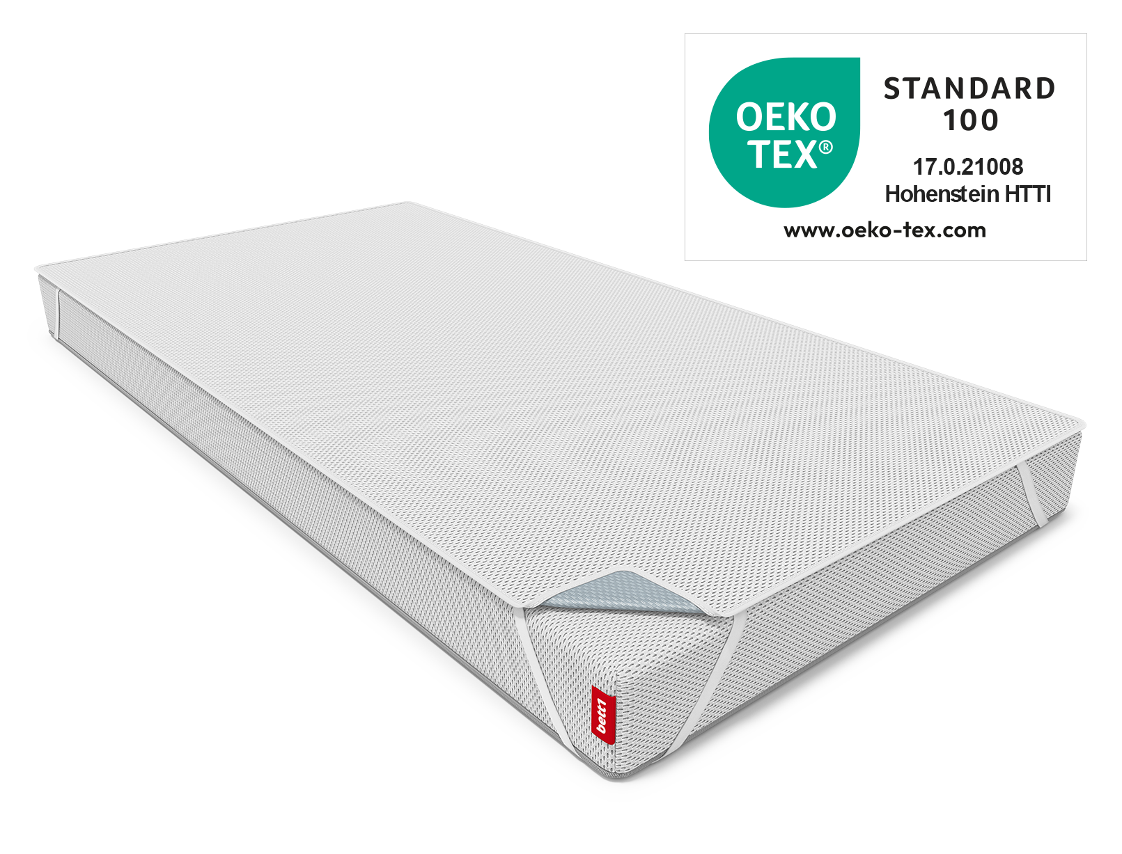 Der BODYGUARD® Nässeschutz ist auf der SuperBreeze® Kindermatratze mit den Halteschlaufen befestigt, daneben das Oeko-Tex® Standard 100 Siegel.
