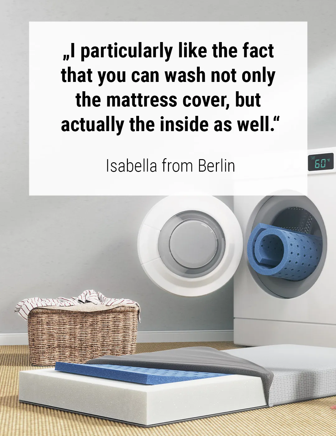 BODYGUARD® Kids Mattress in front of a washing machine. A child sits in front of the mattress. Text: "I particularly like the fact that you can wash not only the mattress cover, but also the inside." Isabella from Berlin	
