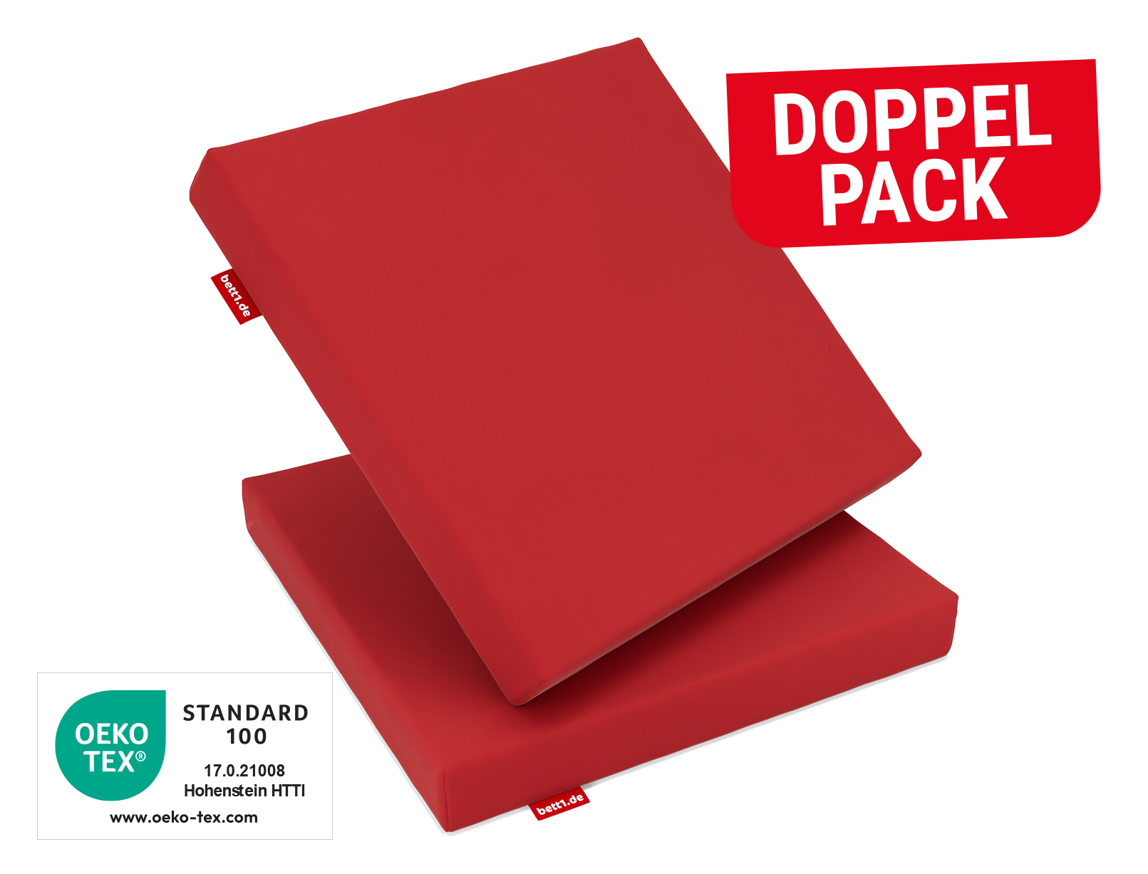 Zwei RAINGUARD Sitzkissen, eins hochkant, eins liegend. Text: Doppelpack. Siegel: Oeko-Tex