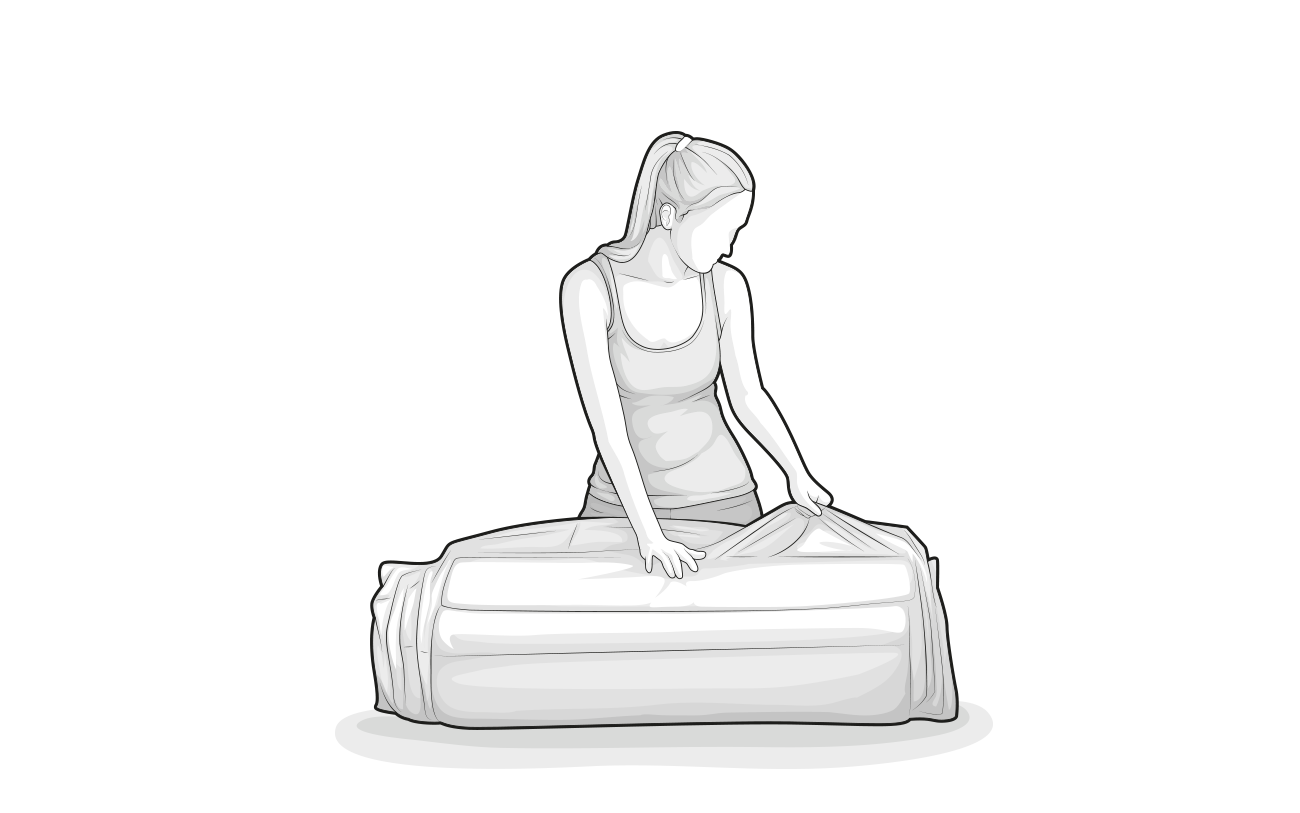 Illustration: A person opens the foil of a rolled-up mattress