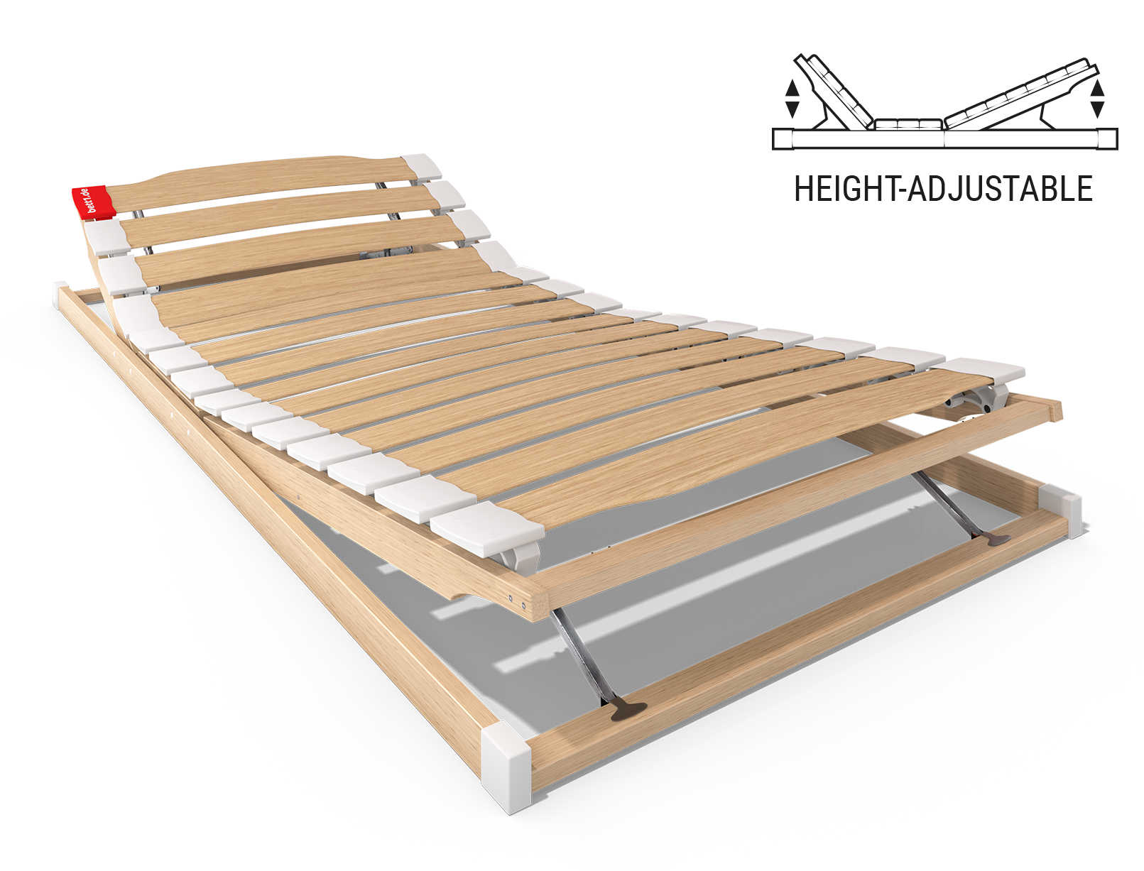 The BODYGUARD® slatted frame with raised head and foot sections: next to it an illustration of the raised slatted frame with the text: height-adjustable	