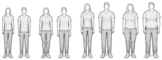 Illustration: Eight people with different body types - from tall to short and narrow to wide.	