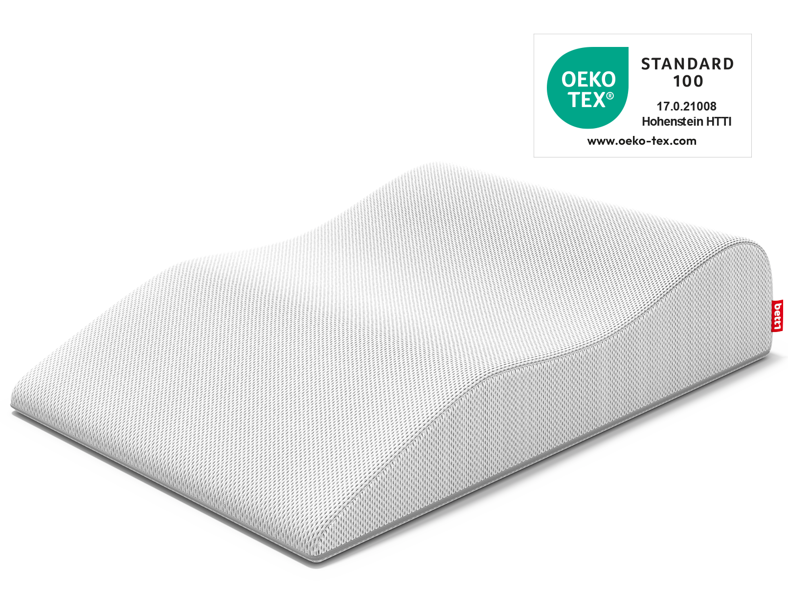 Das BODYGUARD® Venenkissen. Daneben das Oeko-Tex® Standard 100 Siegel.	