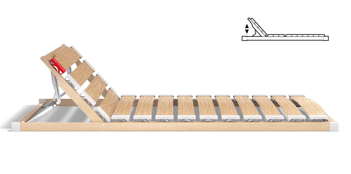 The BODYGUARD® slatted frame with raised head section: next to it an illustration of the slatted frame from the side - the head section is raised