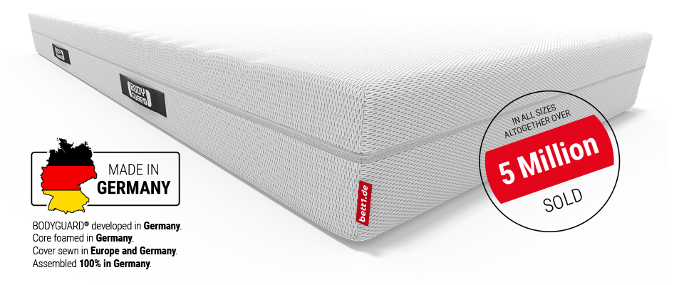 BODYGUARD® anti-cartel mattress: circle with text: Over 5 million purchased. Map of Germany: Made in Germany: BODYGUARD® developed in Germany. Core foamed in Germany. Cover sewn in Europe and Germany. Manufactured 100% in Germany