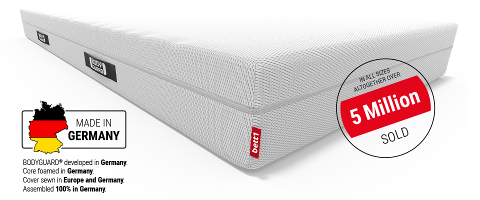BODYGUARD® anti-cartel mattress: A cut-out with the text medium-firm/firm shows the mattress core; next to it a reversible symbol with text: Simply turn/2-in-1 mattress	