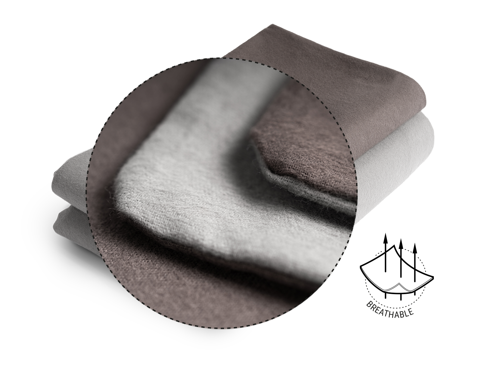 The BODYGUARD® Flannel Bed Linen: Zoom on the cover. Illustration of the fabric with three arrows running through it. Text: breathable
