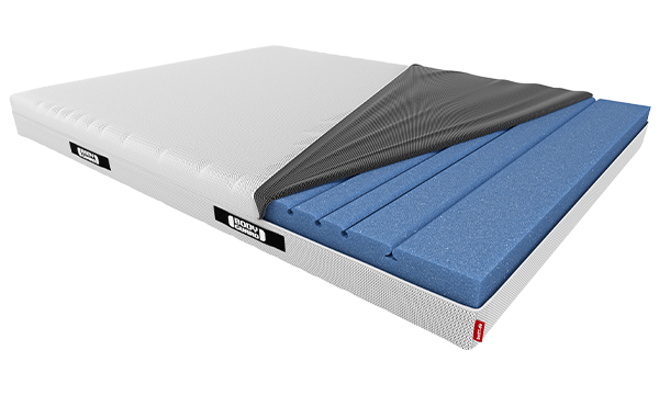 A BODYGUARD mattress measuring 150 × 200 cm with the cover partially folded back, revealing the dark upper half of the QXSchaum Mattress Foam core.