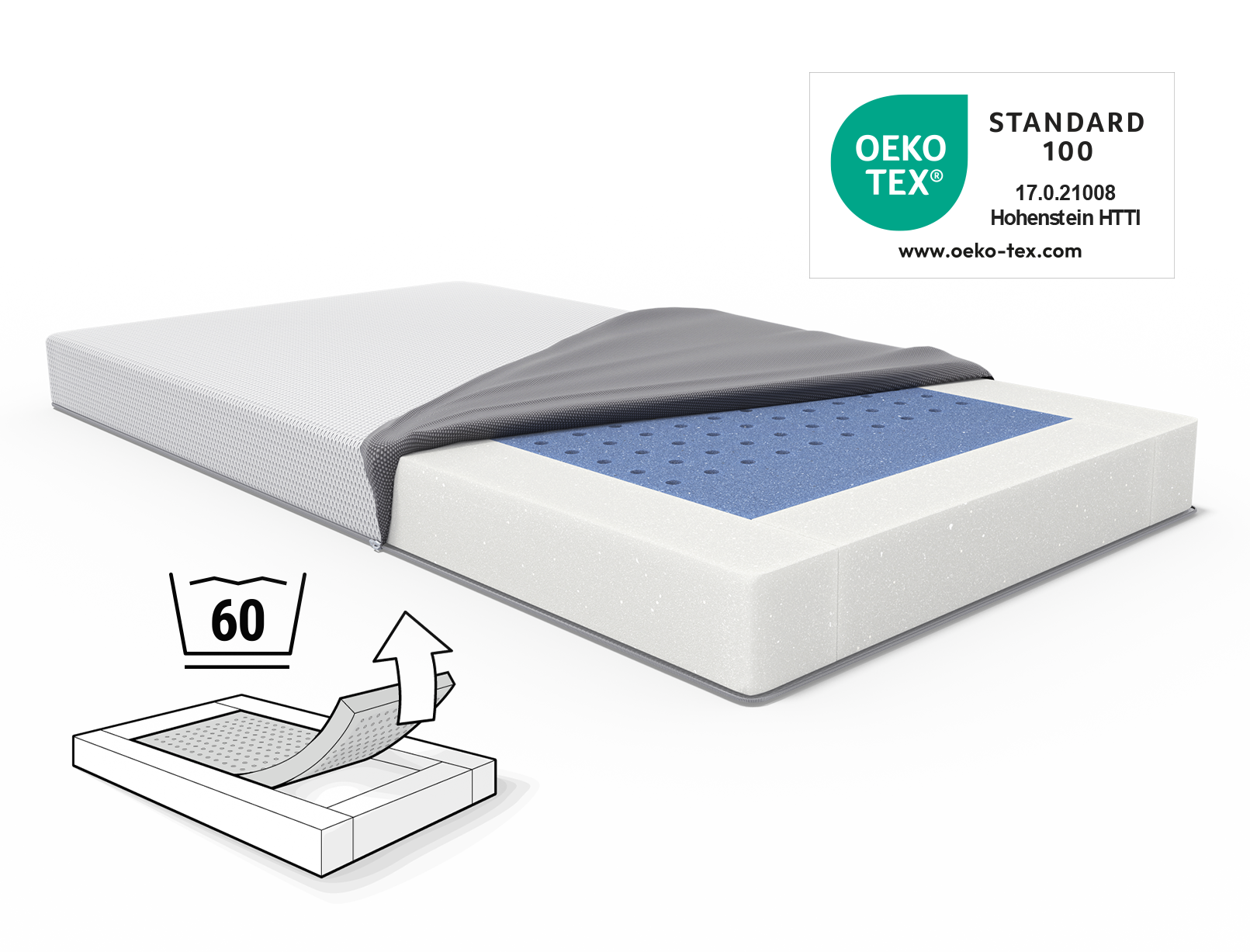 Children's mattress with fold-back mattress cover. Oeko-Tex® seal. Illustration of the children's mattress with laundry symbol