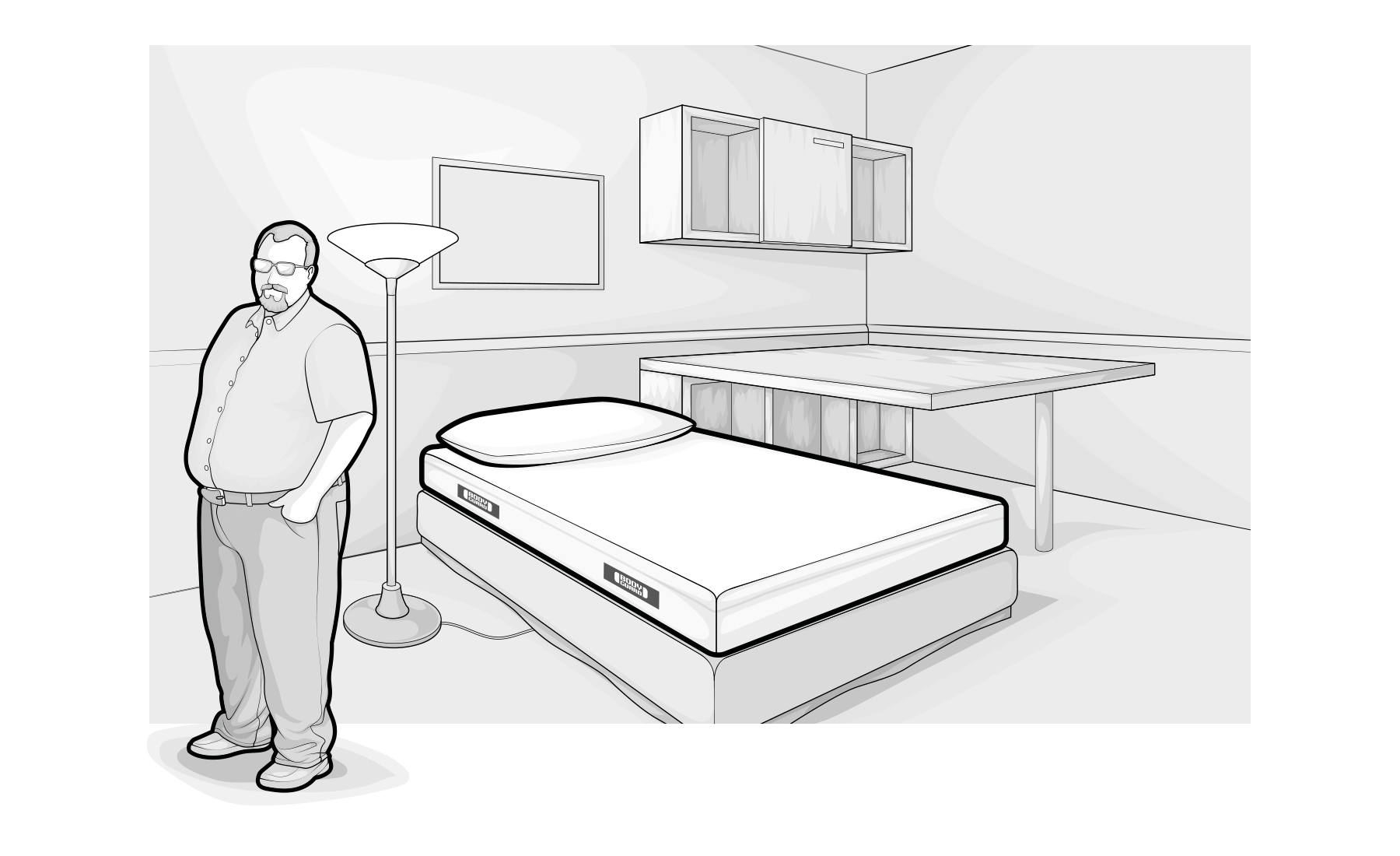 Illustration: A person of broad build with a pronounced stomach stands in a room with a single bed and BODYGUARD® Mattress.