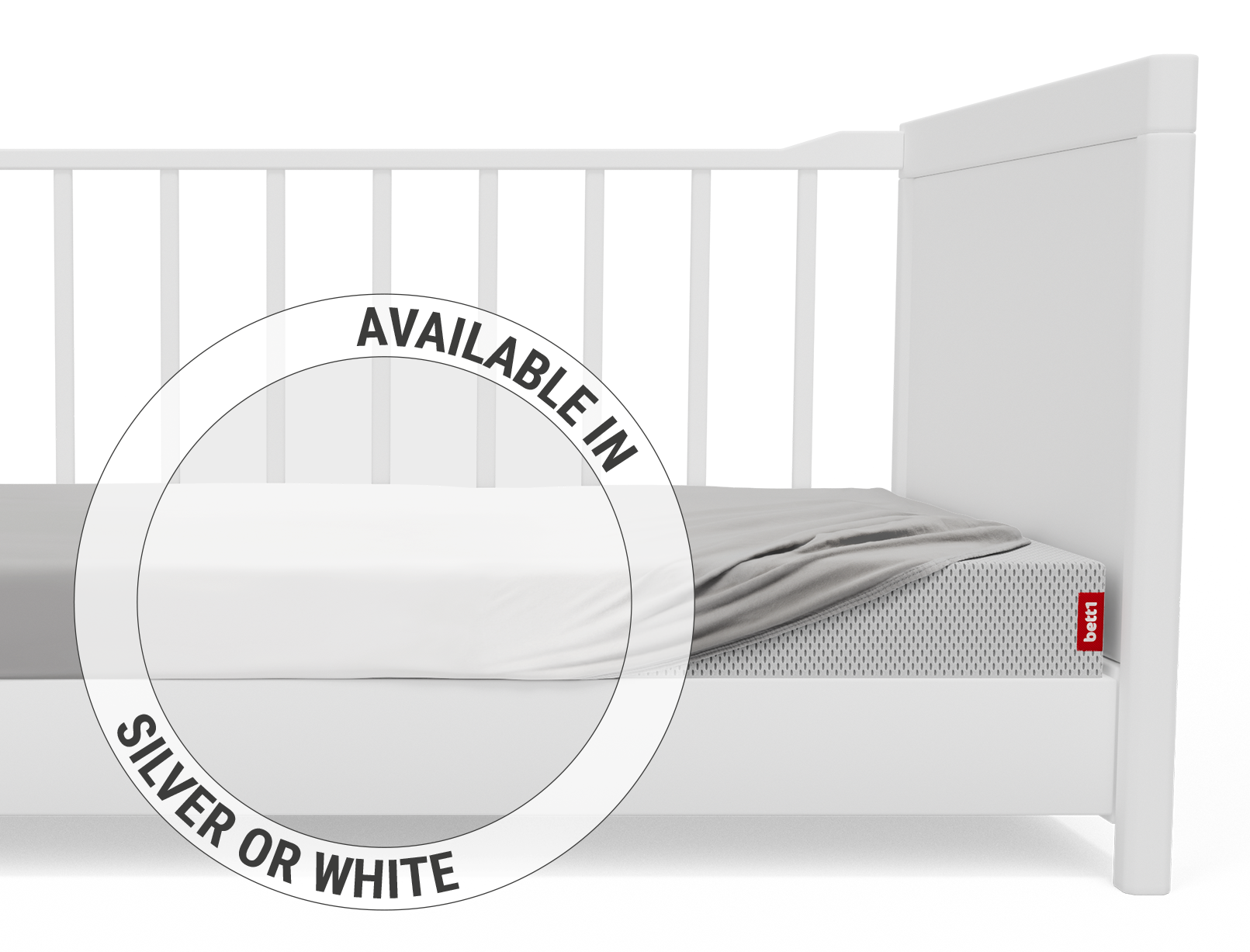  The BODYGUARD® children's fitted sheet stretched over the BODYGUARD® children's mattress in a cot. Zoom on the sheet in the white colour version. Text: Available in silver or white	