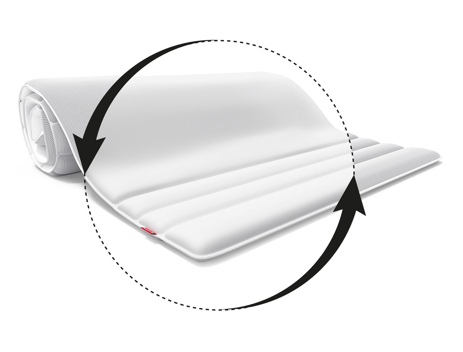 The BODYGUARD® Kids The half-rolled BODYGUARD® topper with the HyBreeze-covered side facing upwards, with a circle of arrows above it showing the other side of the topper covered with cotton	