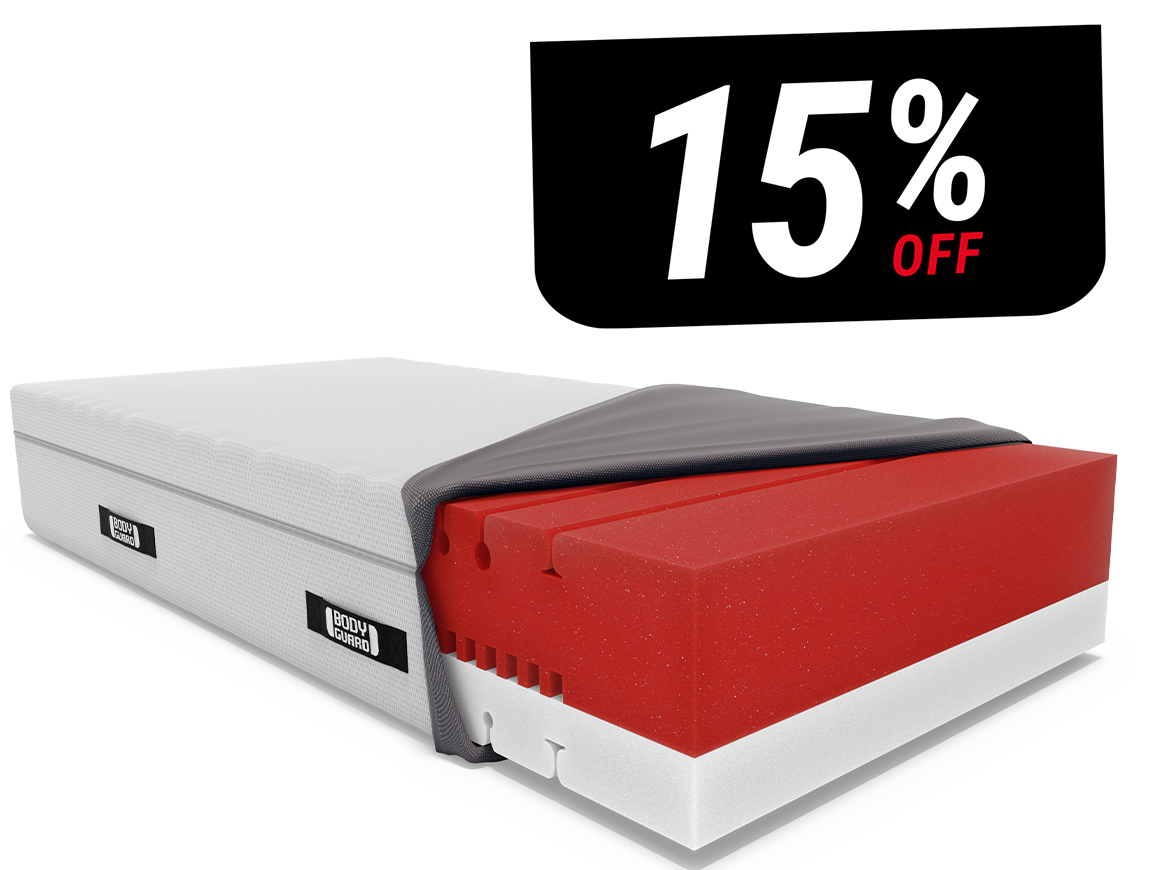 The BODYGUARD box spring mattress soft with text: 15% off