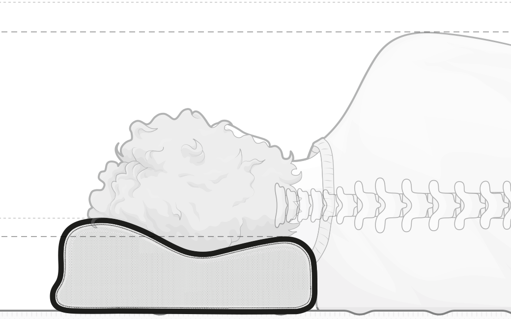 Illustration: A person lying on their side. The head is lying on the neck support pillow so that the lower curvature lies against the neck - the marked spine is straight.	