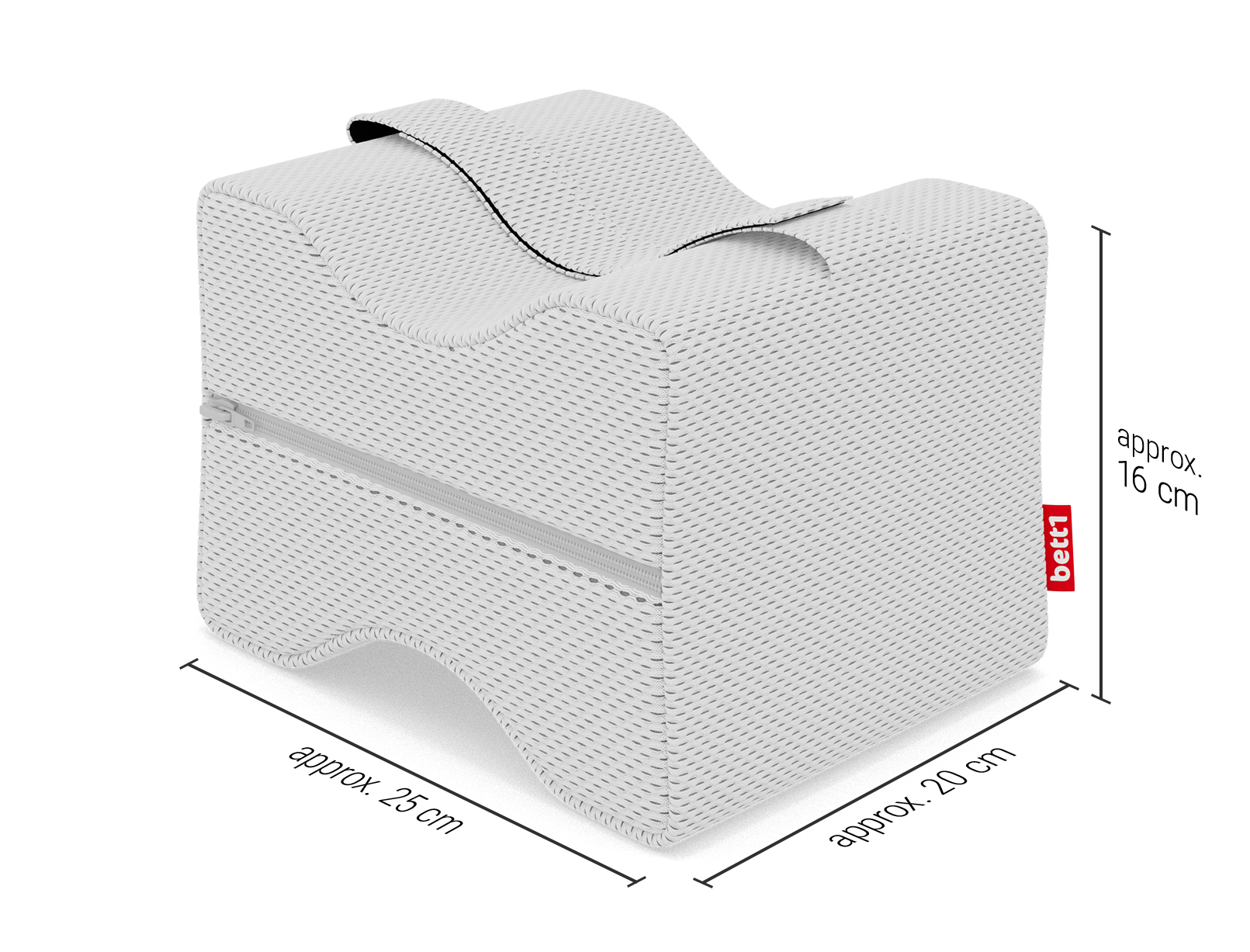 BODYGUARD® Knee Pillow, the dimensions of which are marked on the sides: 25 x 20 x 16 cm (L x W x H)	