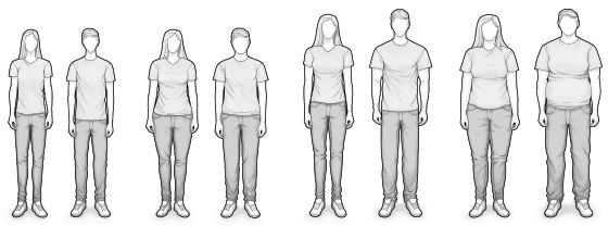 	Illustration: Acht Personen mit unterschiedlichen Körpertypen – von groß bis klein und schmal bis breit.