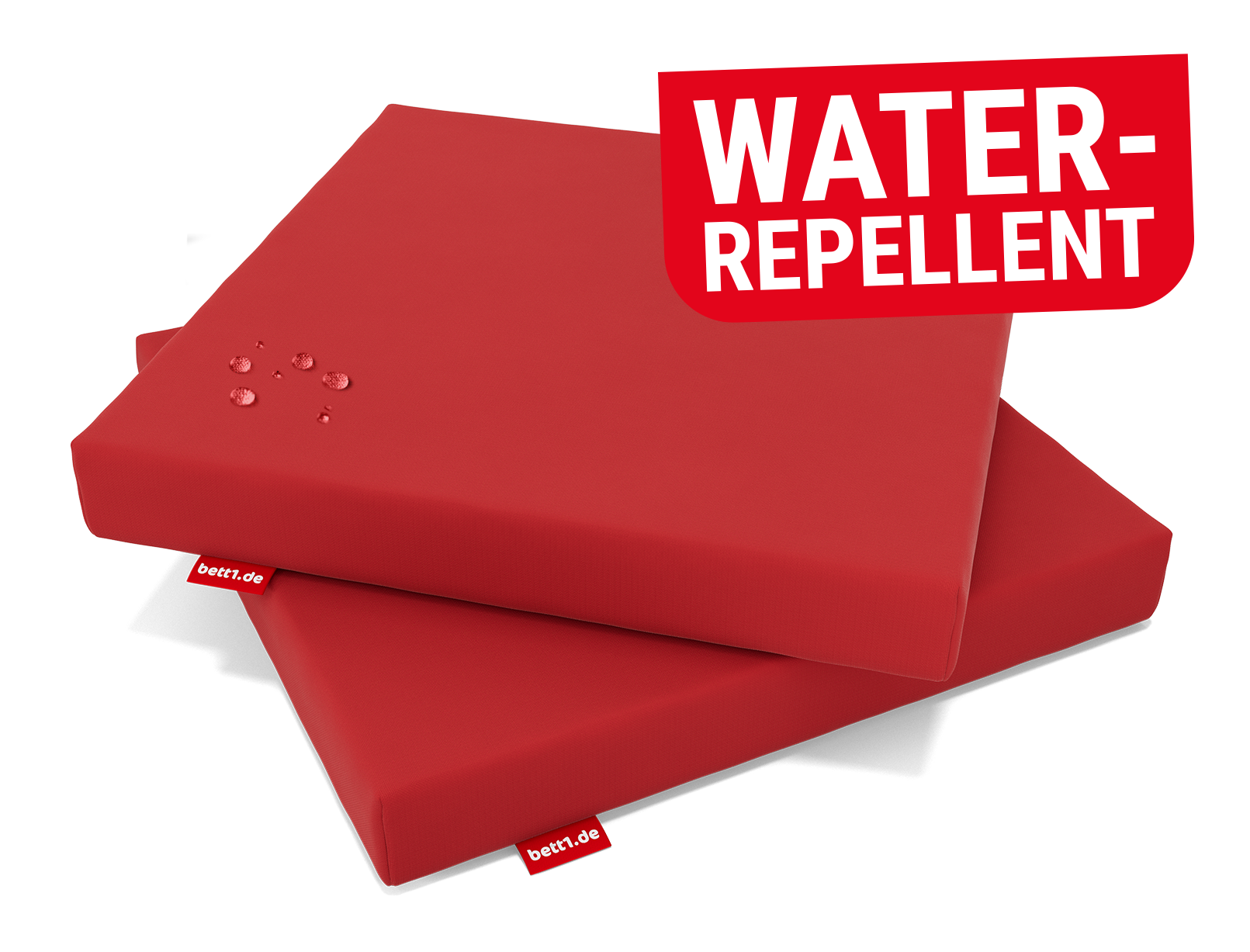 Two RAINGUARD Seat Cushions lying on top of each other. Water droplets beading on the top surface. Text: Water-repellent