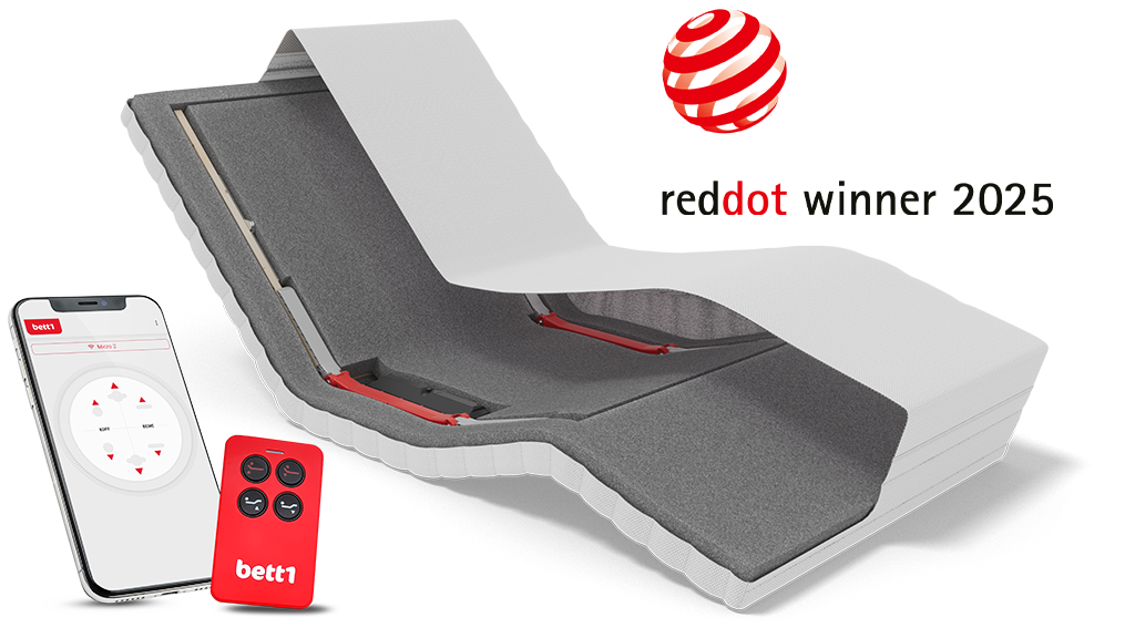 Innenblick in die HULK. Daneben Fernbedienung und Smartphone. Eine Illustration: eine transparente Kugel mit roten Streifen. Text: reddot winner 2025