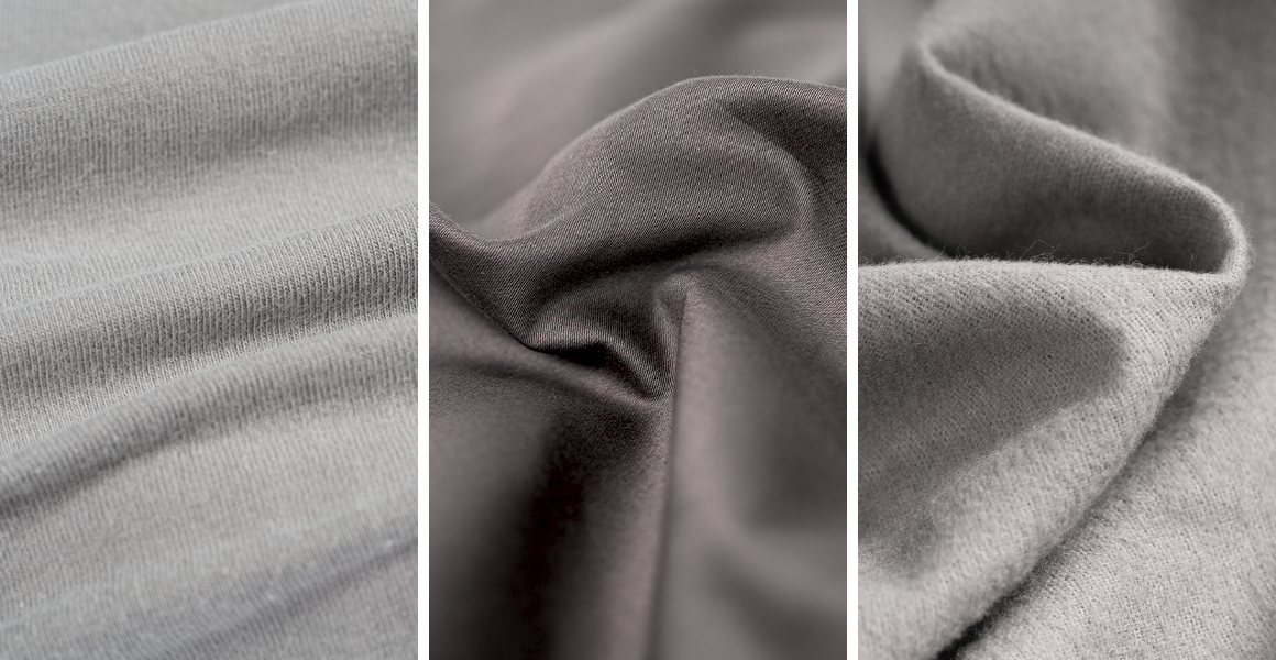 Close-up photo in three parts showing different fabrics for fitted sheets and bed linen (from left to right): jersey, satin, flannel