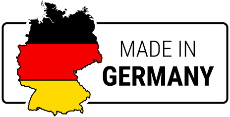 Die Umrisse einer Deutschlandkarte. Text: Made in Germany.