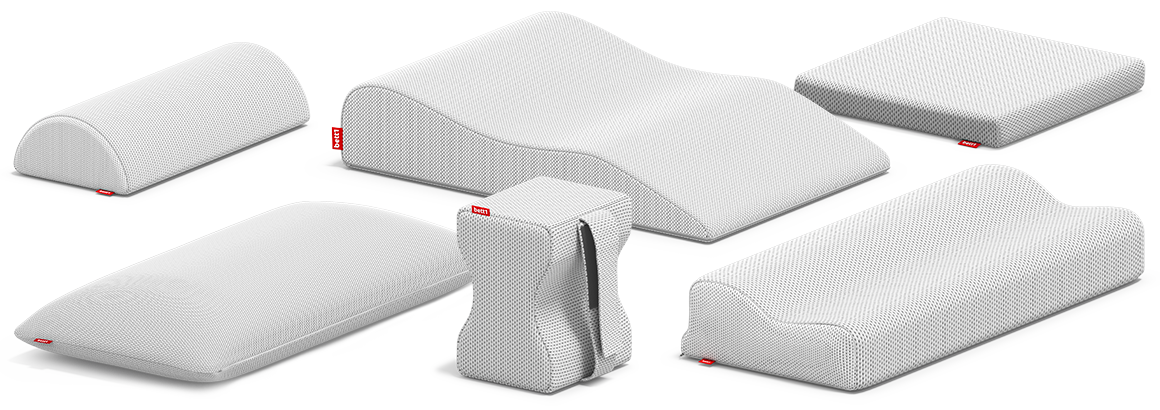 A selection of BODYGUARD Pillows (from left to right): Bolster, Memory Foam Pillow, Leg Elevation Pillow, Knee Pillow, Ergonomic Pillow and Seat Cushion.