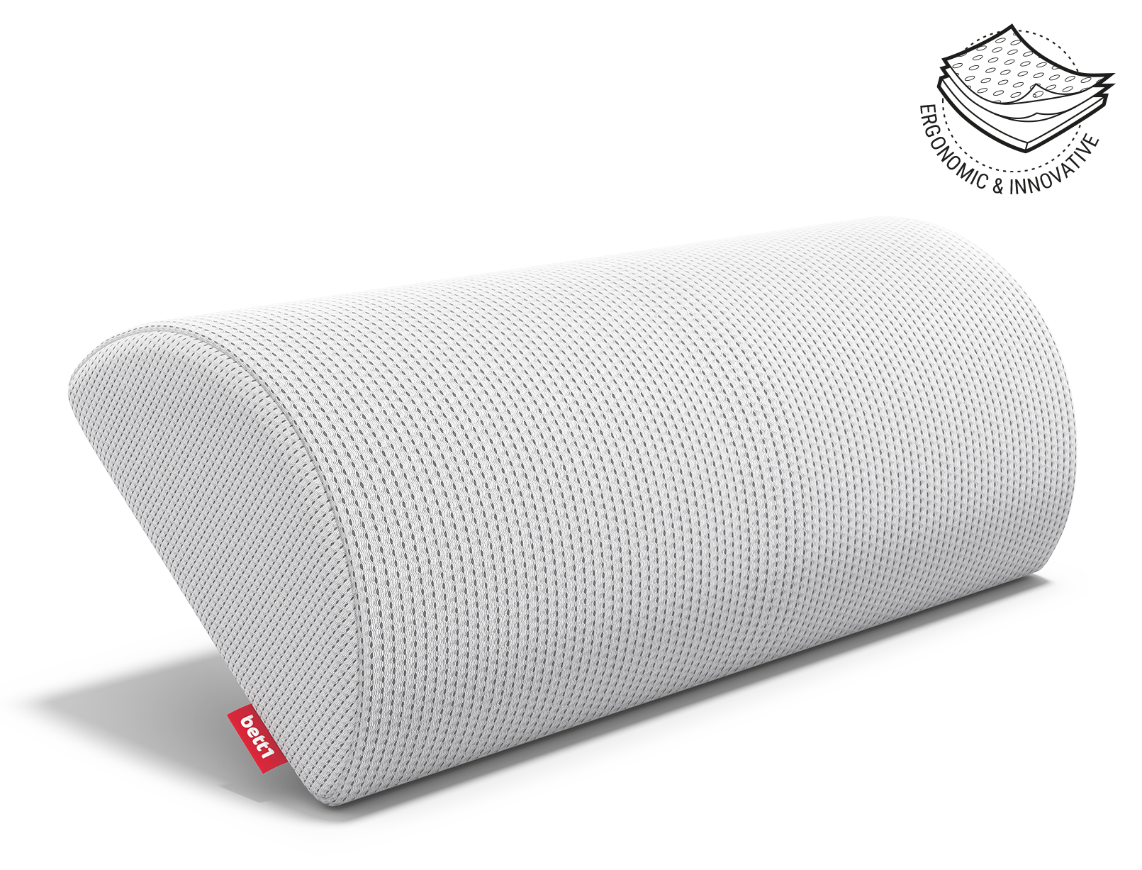 BODYGUARD® Bolster placed upright and balanced on its thin side. Next to it is the illustration of the cushion cover in three layers with the text: ergonomic and innovative