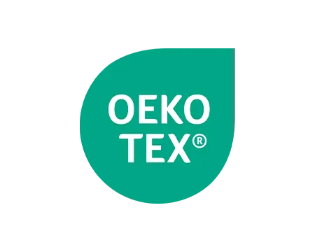 Illustration: eine grüne, tropfenförmige Fläche, in der steht: „OEKO TEX®“